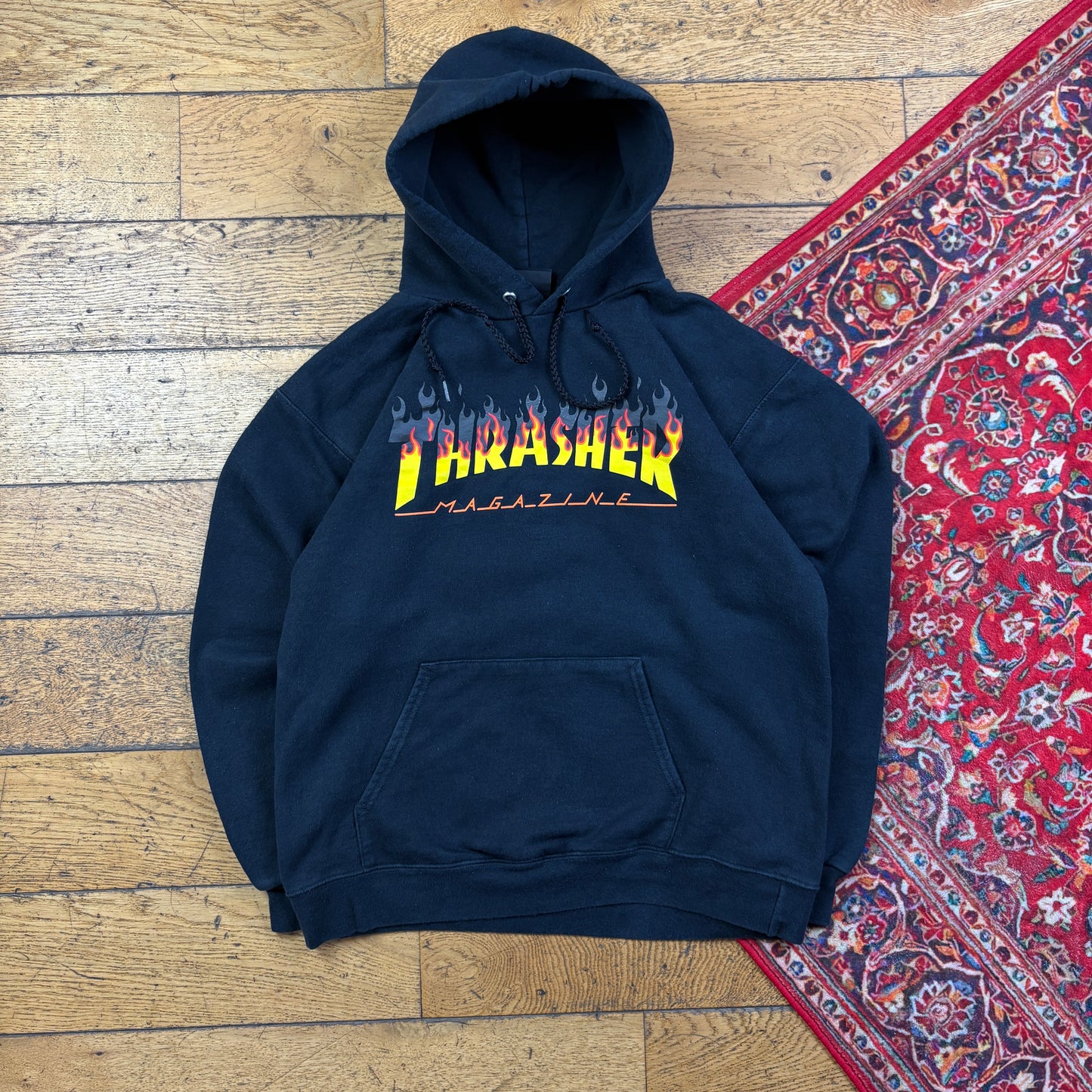 Vintage Thrasher Flames Black Hoodie Skate Sweatshirt - S
