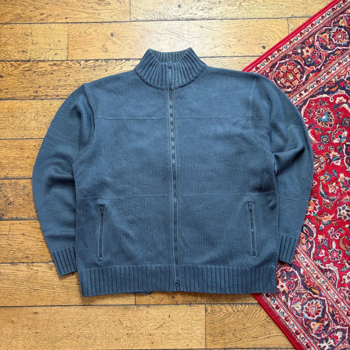 Vintage Stussy Grey Double Zip Chunky Knit Jumper - L