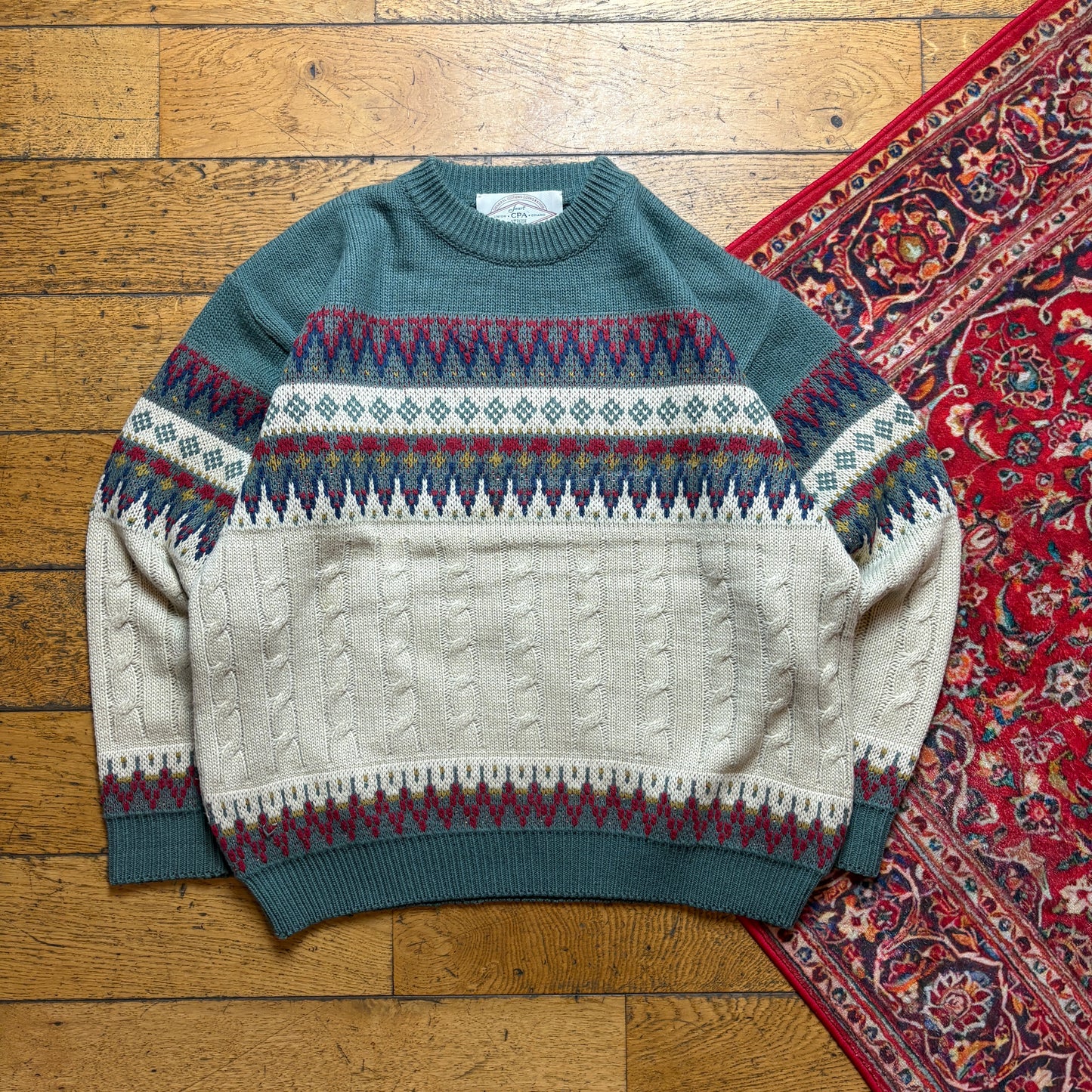 Vintage Green Cream Pattern Wool Chunky Knit Jumper - XL