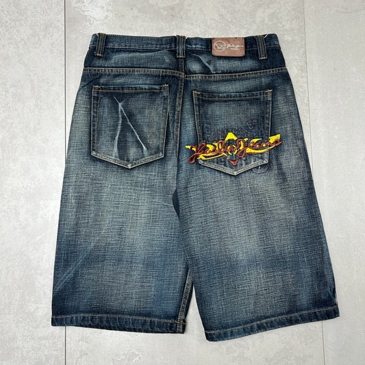 Vintage Kaalu Jeans Embroidered Hip Hop Baggy Blue Shorts Jorts - 38