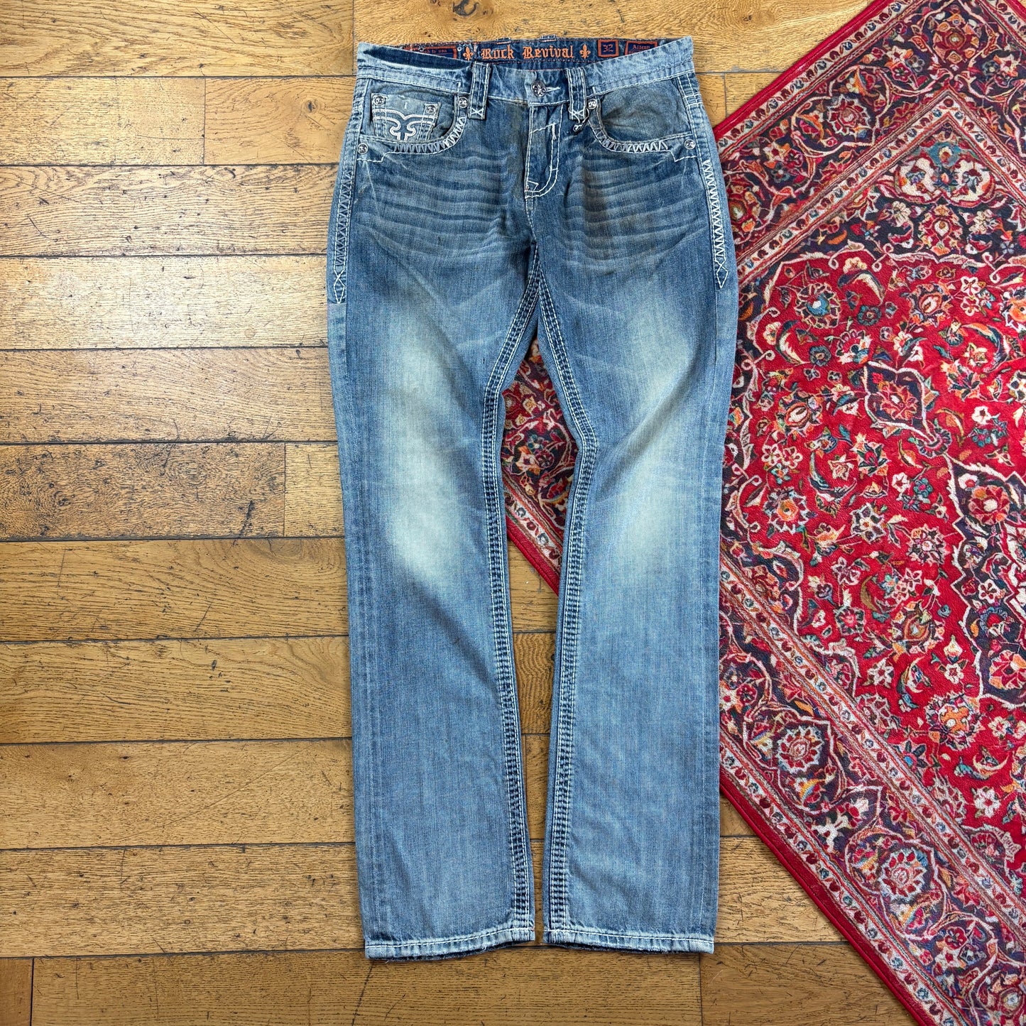 Vintage Rock Revival Blue Embroidered Y2K Hip Hop Straight Jeans - 36