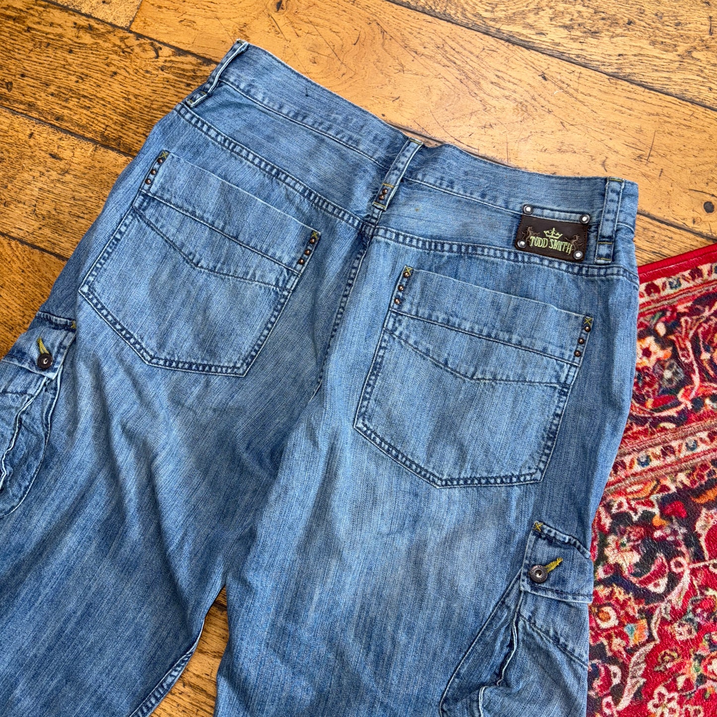 Vintage Blue Cargo Embroidered Y2K Hip Hop Jeans Shorts Jorts - 36