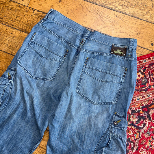 Vintage Blue Cargo Embroidered Y2K Hip Hop Jeans Shorts Jorts - 36