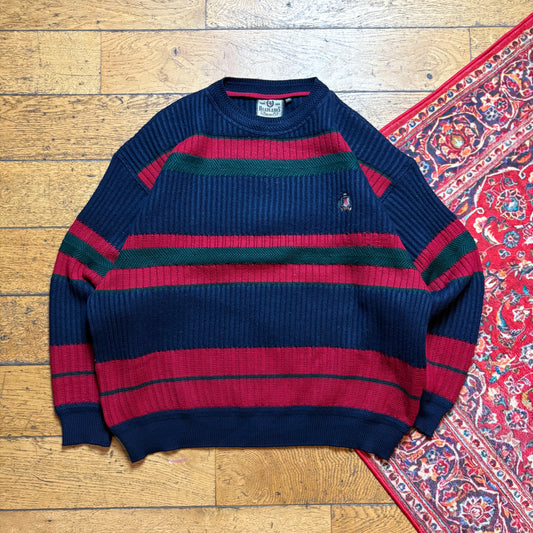 Vintage Navy Embroidered Stripe Chunky Knit Jumper - 2XL