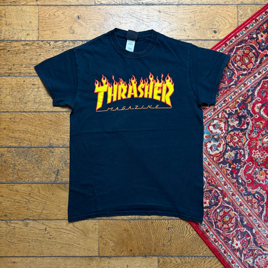 Vintage Thrasher Black Skate Flames Graphic T-Shirt - XS