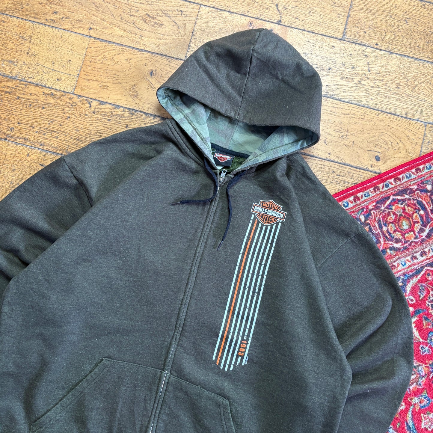 Vintage Harley Davidson Green Zip Hoodie Sweatshirt - XL