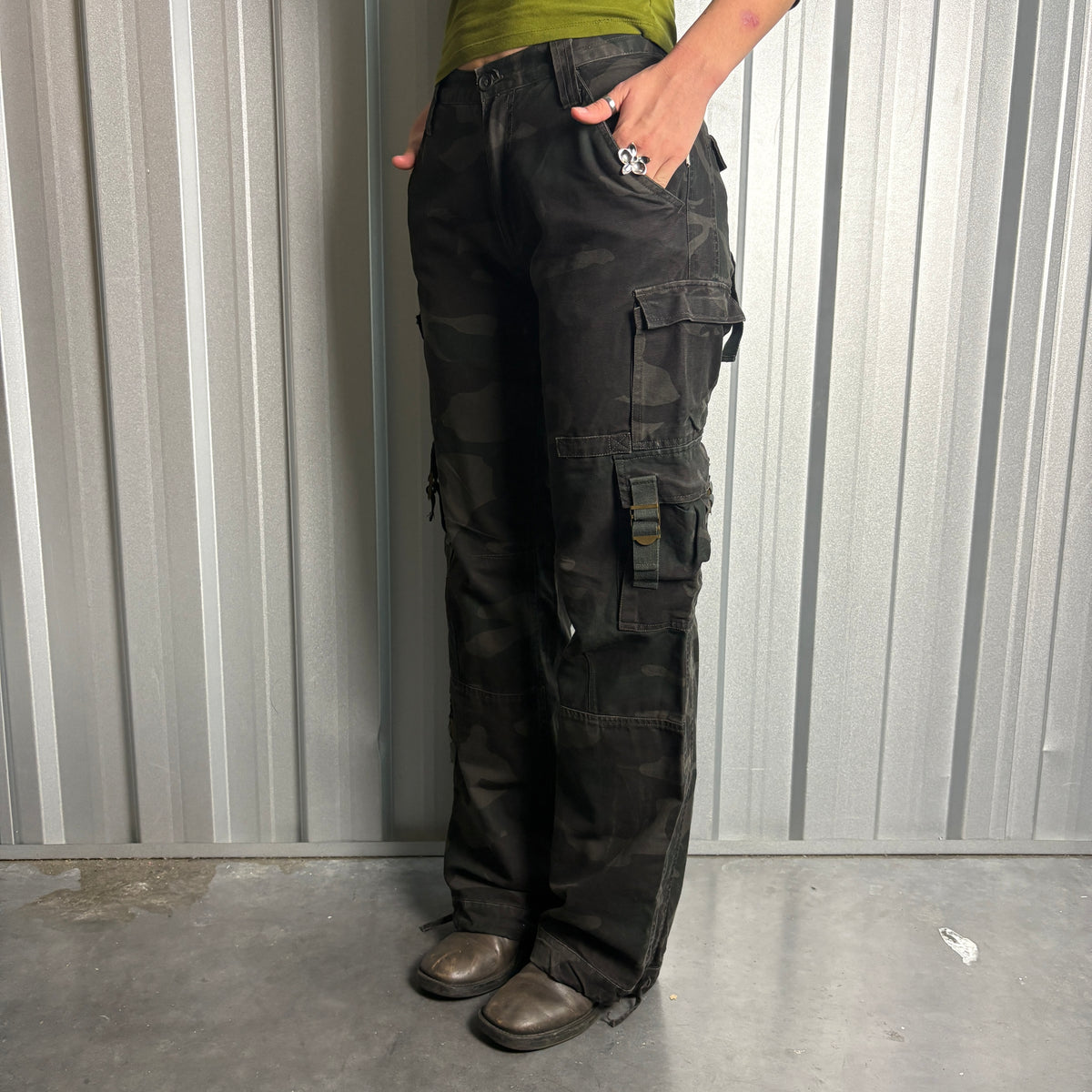 Black Camo Baggy Y2K Cargo Trousers - 28L