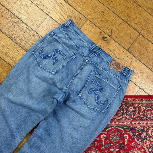 Vintage Blue Embroidered Y2K Hip Hop Baggy Jeans - 40