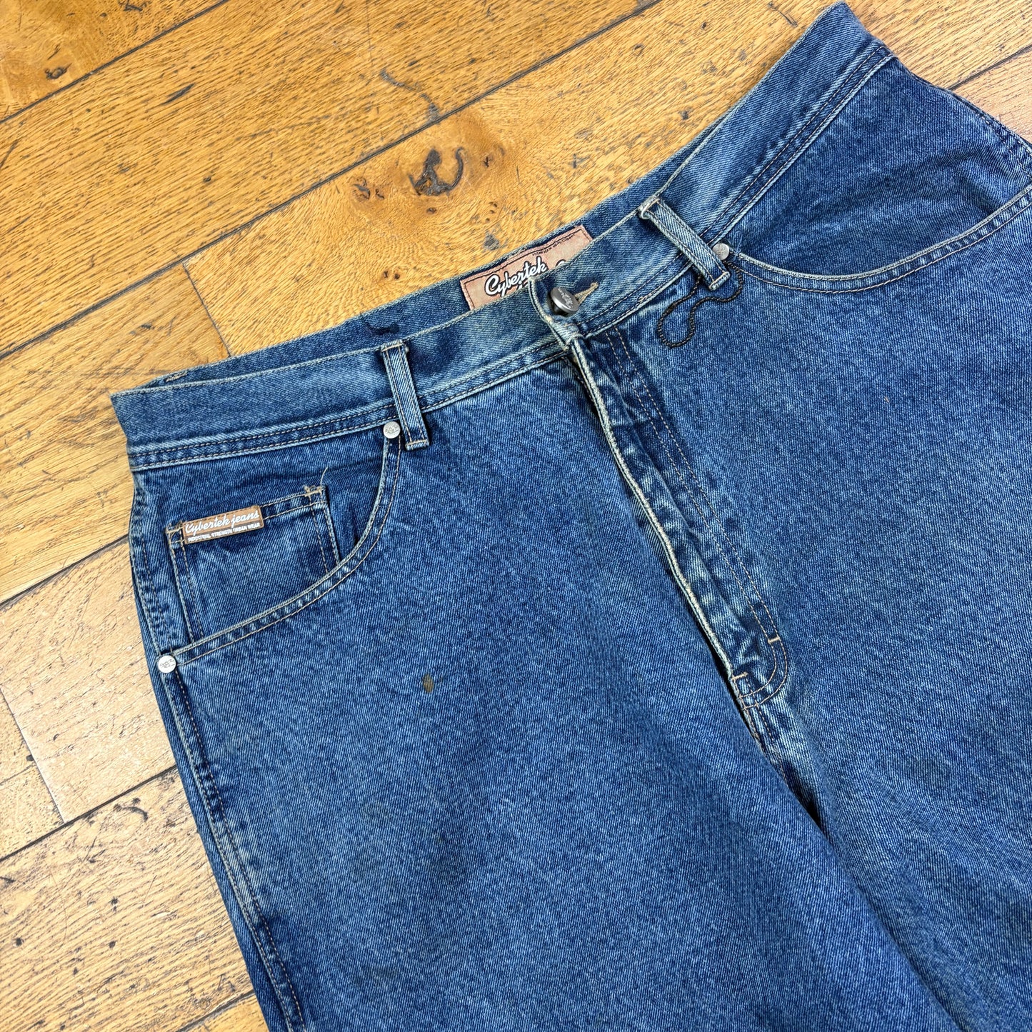 Vintage Blue Embroidered Y2K Hip Hop Baggy Jeans - 38