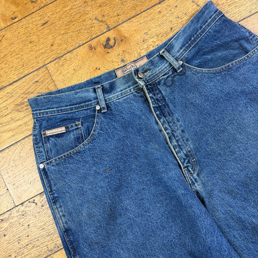 Vintage Blue Embroidered Y2K Hip Hop Baggy Jeans - 38