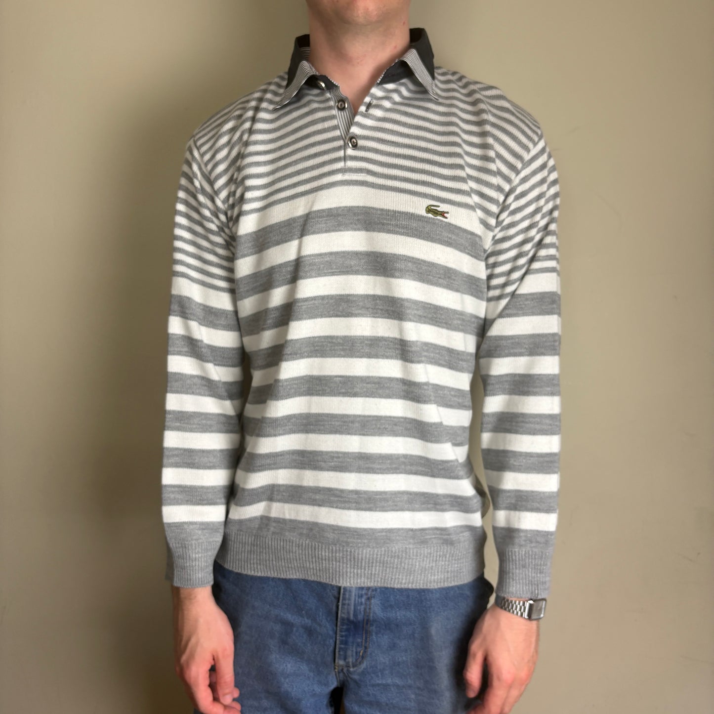 Vintage Lacoste Grey White Stripe Knit Polo Rugby Shirt - M