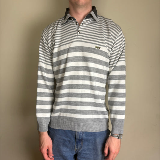 Vintage Lacoste Grey White Stripe Knit Polo Rugby Shirt - M