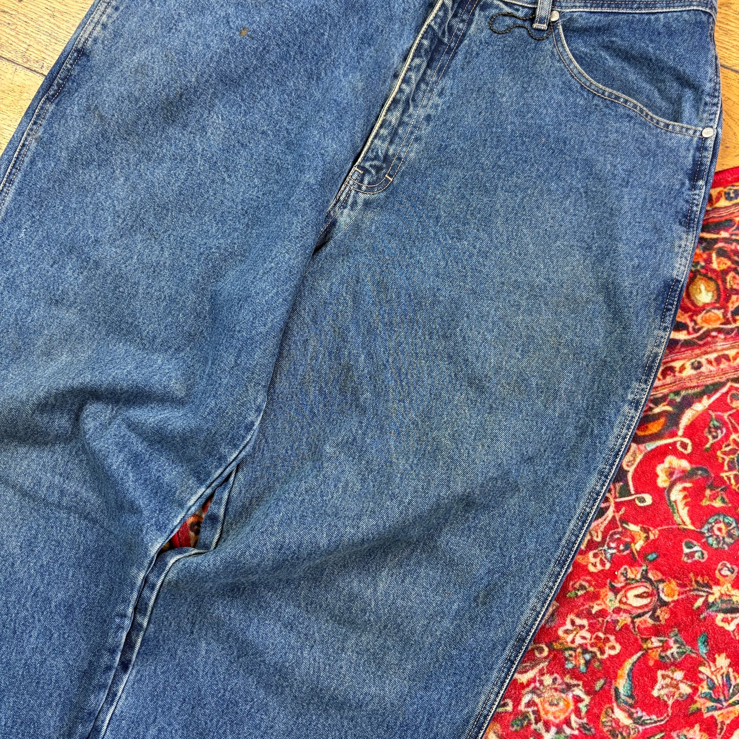 Vintage Blue Embroidered Y2K Hip Hop Baggy Jeans - 38