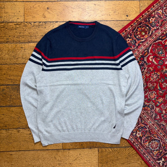 Vintage Nautica Grey Navy Embroidered Knit Jumper - M