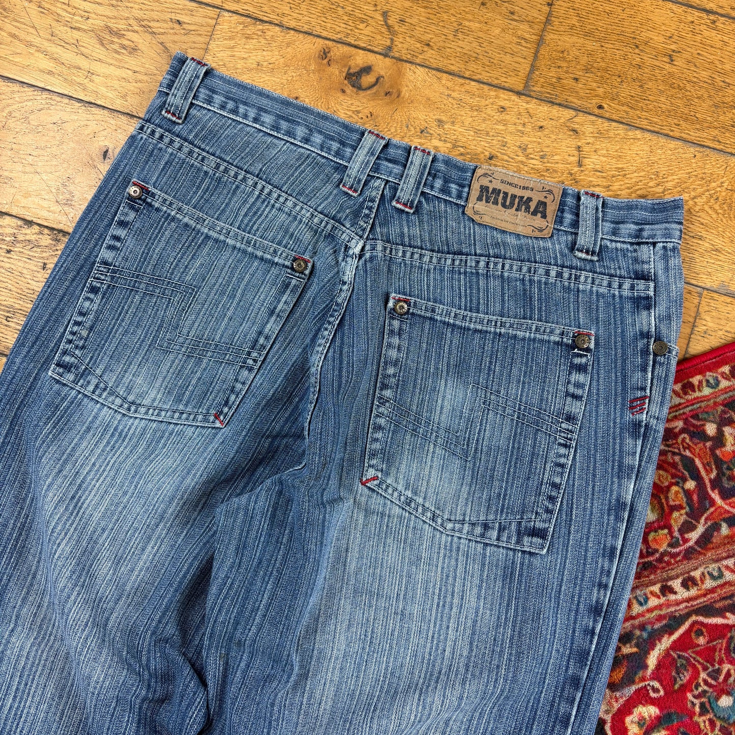 Vintage Muka Blue Pinstripe Embroidered Y2K Hip Hop Baggy Jeans - 38