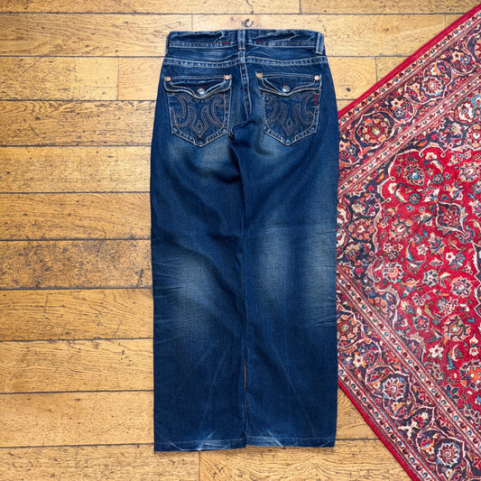 Vintage Mek Blue Embroidered Y2K Hip Hop Baggy Jeans - 34