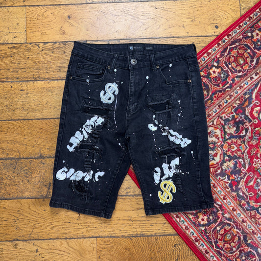 Vintage Black Embroidered Denim Shorts - 30