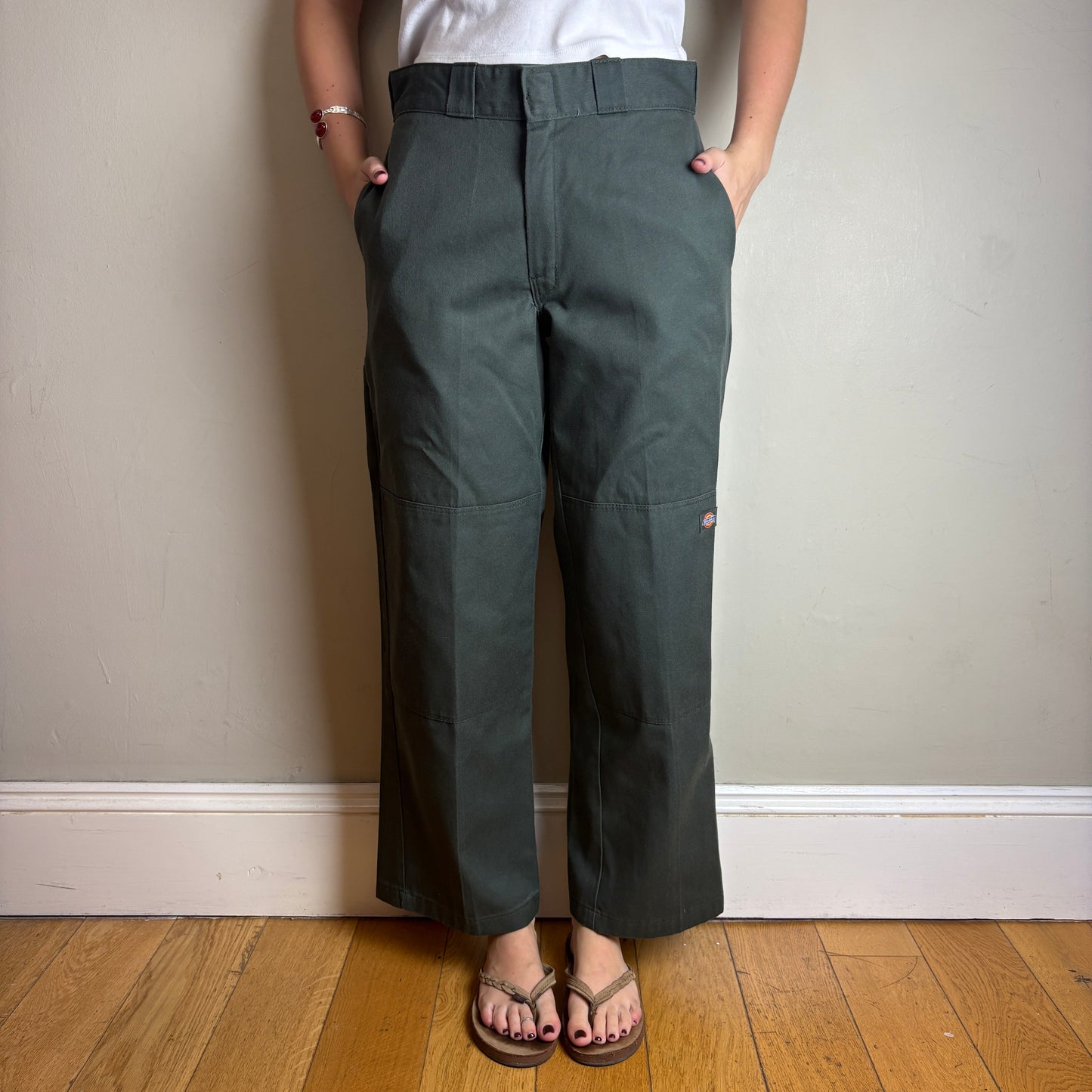 Vintage Dickies 874 Green Double Knee Pleated Skate Chino Trousers - 30S