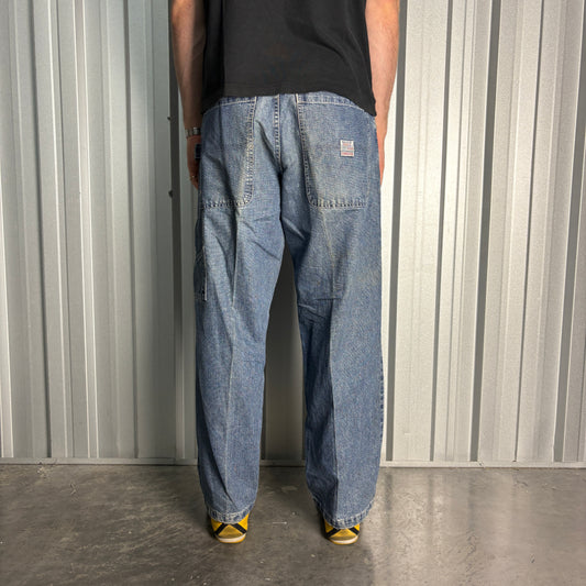 Route 66 Blue Carpenter Embroidered Japanese Denim Hip Hop Y2K Baggy Jeans - 34S