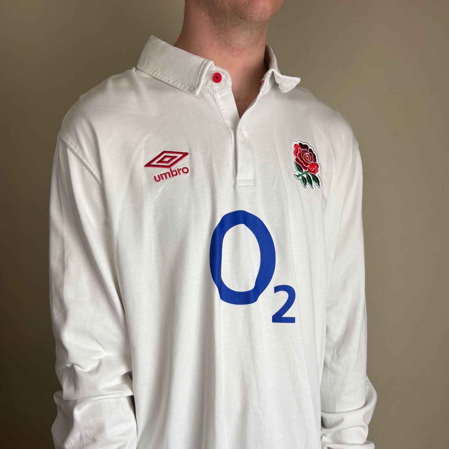 Vintage England Rugby Long Sleeve Umbro White Rugby Polo Shirt - 3XL