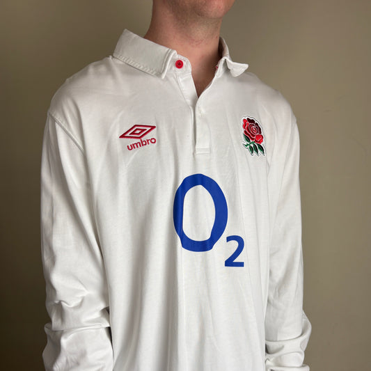 Vintage England Rugby Long Sleeve Umbro White Rugby Polo Shirt - 3XL