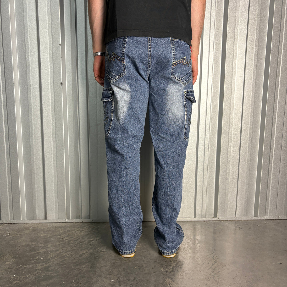 Embroidered Blue Cargo Japanese Denim Hip Hop Y2K Baggy Jeans - 36S
