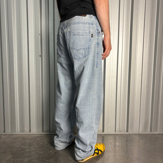 Royal Blue Embroidered Japanese Denim Hip Hop Y2K Baggy Jeans - 34R