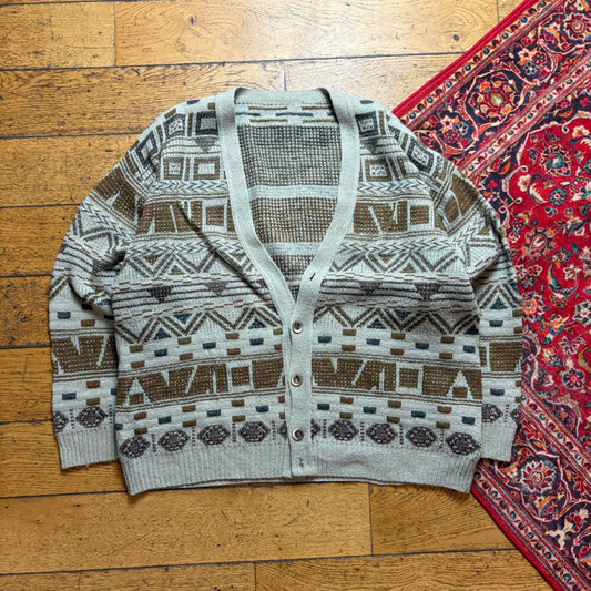 Vintage Grey Pattern Chunky Knit Cardigan Jumper - XL