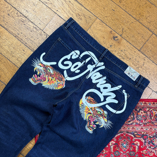 Vintage Ed Hardy Blue Y2K Hip Hop Baggy Tapered Jeans - 42