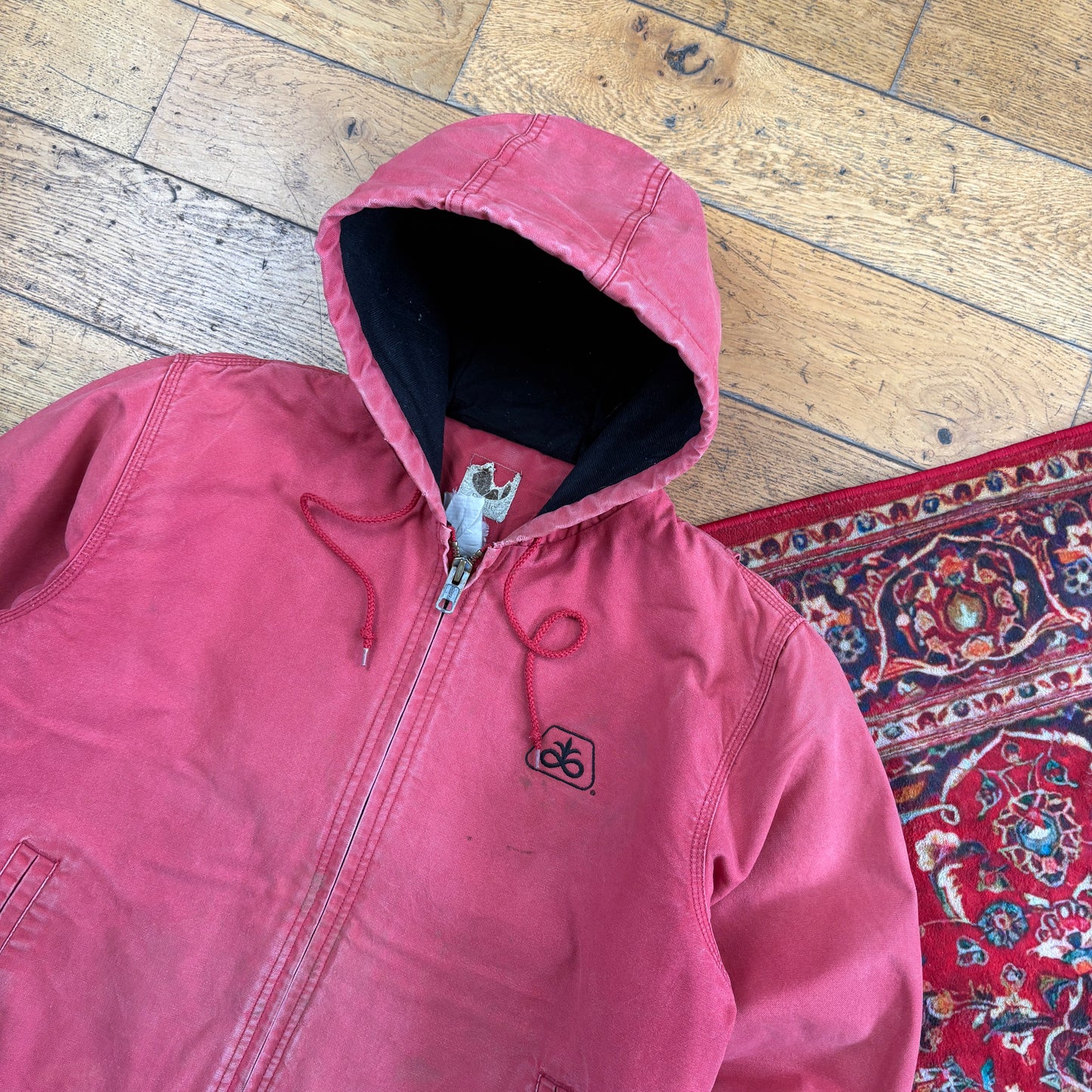 Vintage Workwear Chore Pink Faded Red Heavyweight Active Hoodie Jacket - S