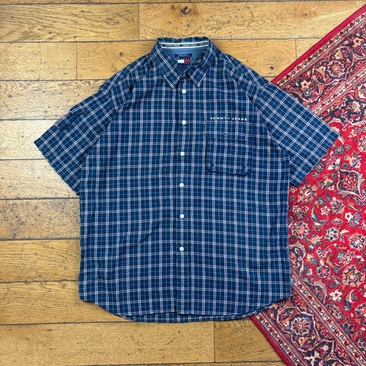 Vintage Tommy Jeans Hilfiger Navy Check Short Sleeve Boxy Embroidered Shirt - XL