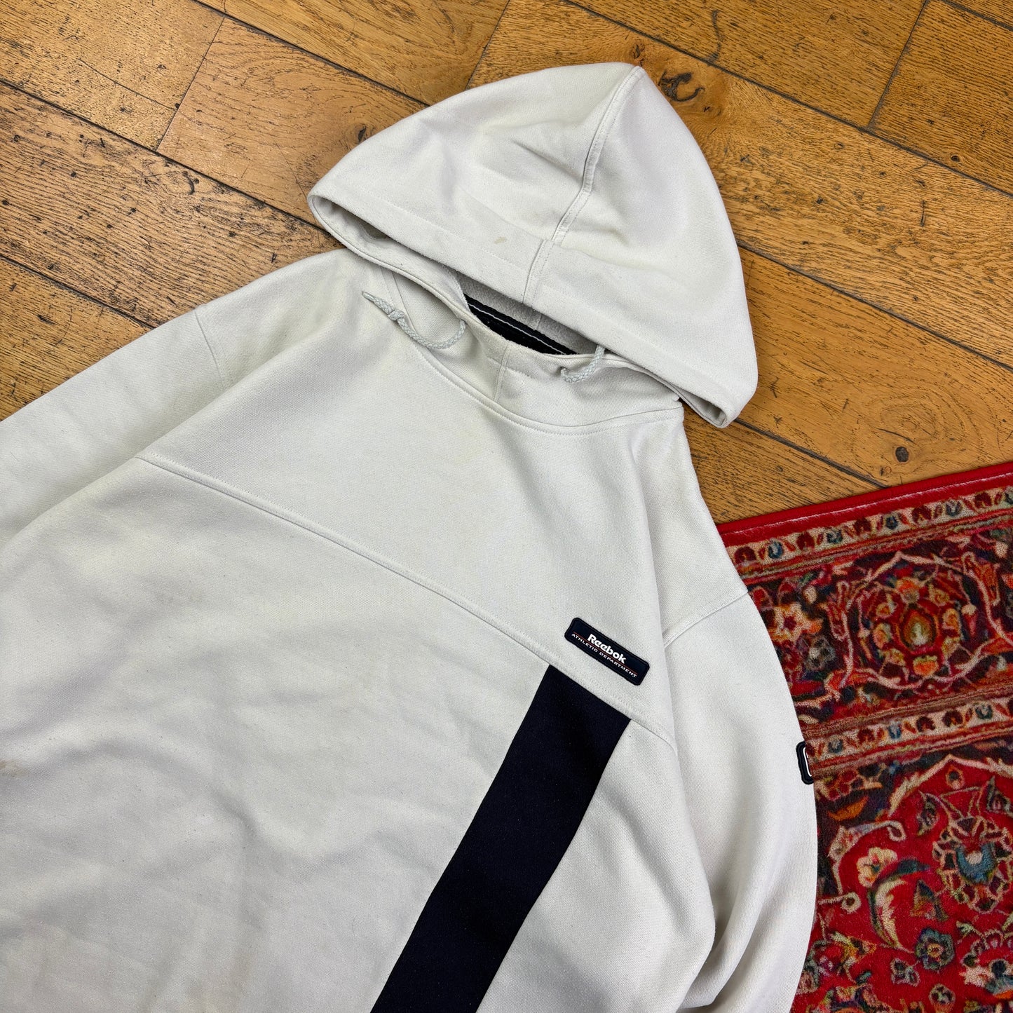 Vintage Reebok Cream Navy Hoodie Embroidered Sweatshirt - XL