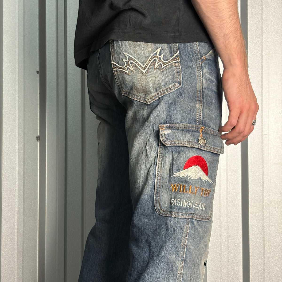 Embroidered Blue Japanese Denim Hip Hop Y2K Baggy Jeans - 32R
