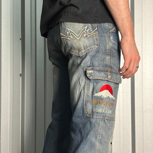 Embroidered Blue Japanese Denim Hip Hop Y2K Baggy Jeans - 32R