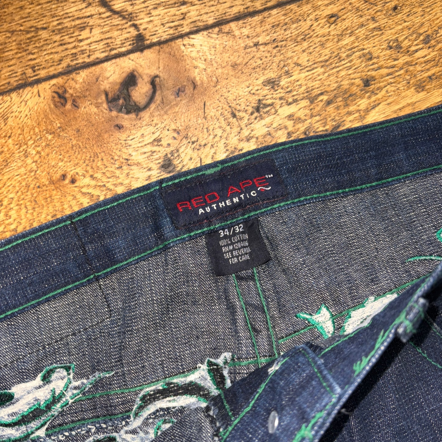 Vintage Dark Blue Embroidered Y2K Hip Hop Baggy Jeans - 34R