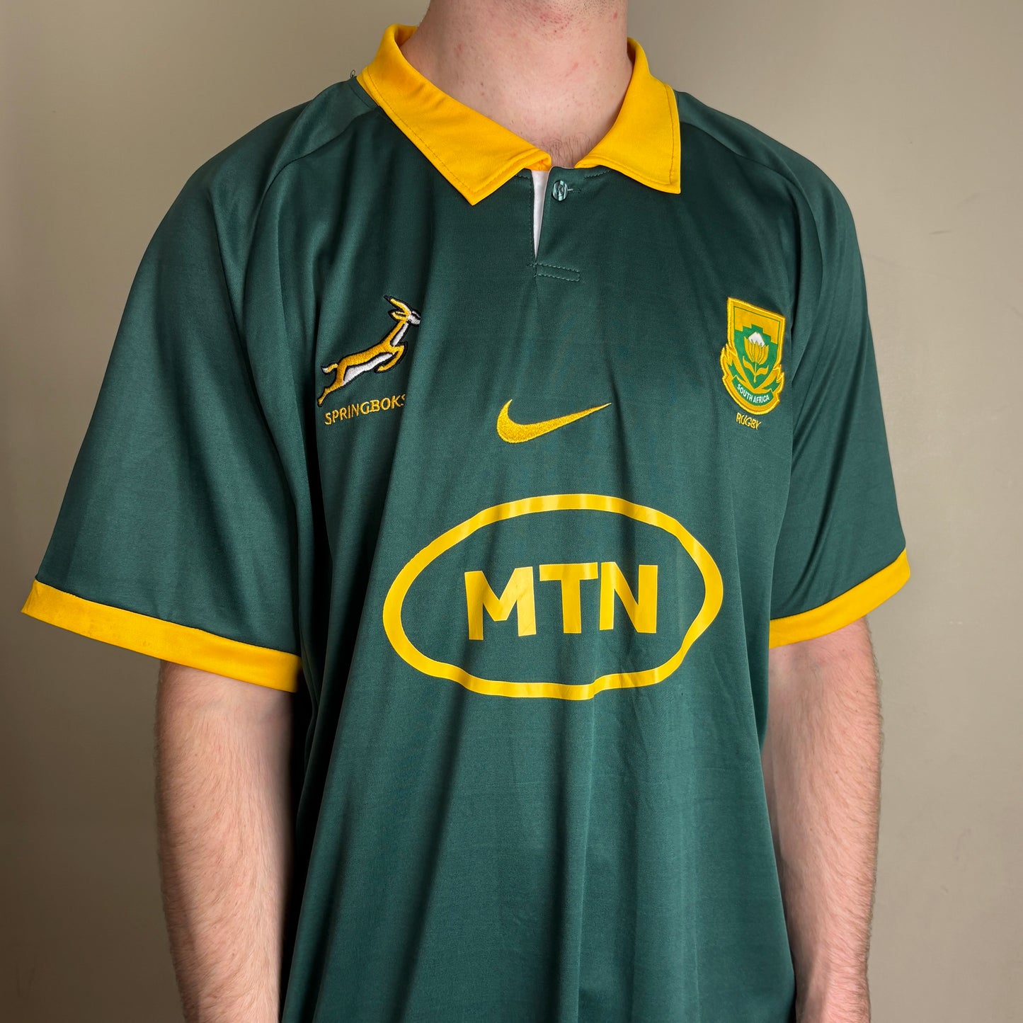 Vintage South Africa Springboks Green Rugby Nike Polo Shirt - 2XL