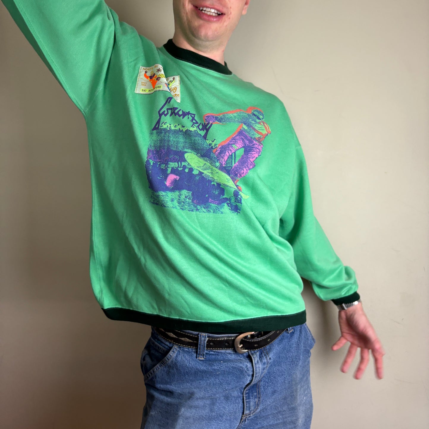 Vintage 90s Green Snowboard Ski Graphic Sweatshirt - XL