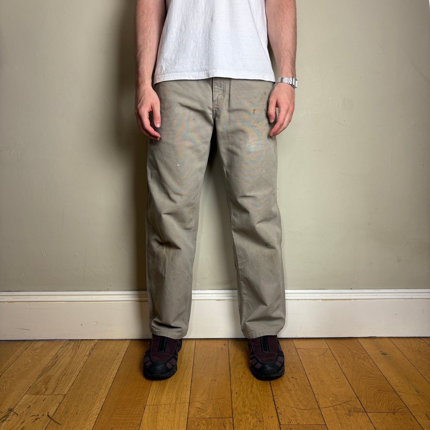 Vintage Carhartt Brown Cream Workwear Carpenter Baggy Trousers - 32R
