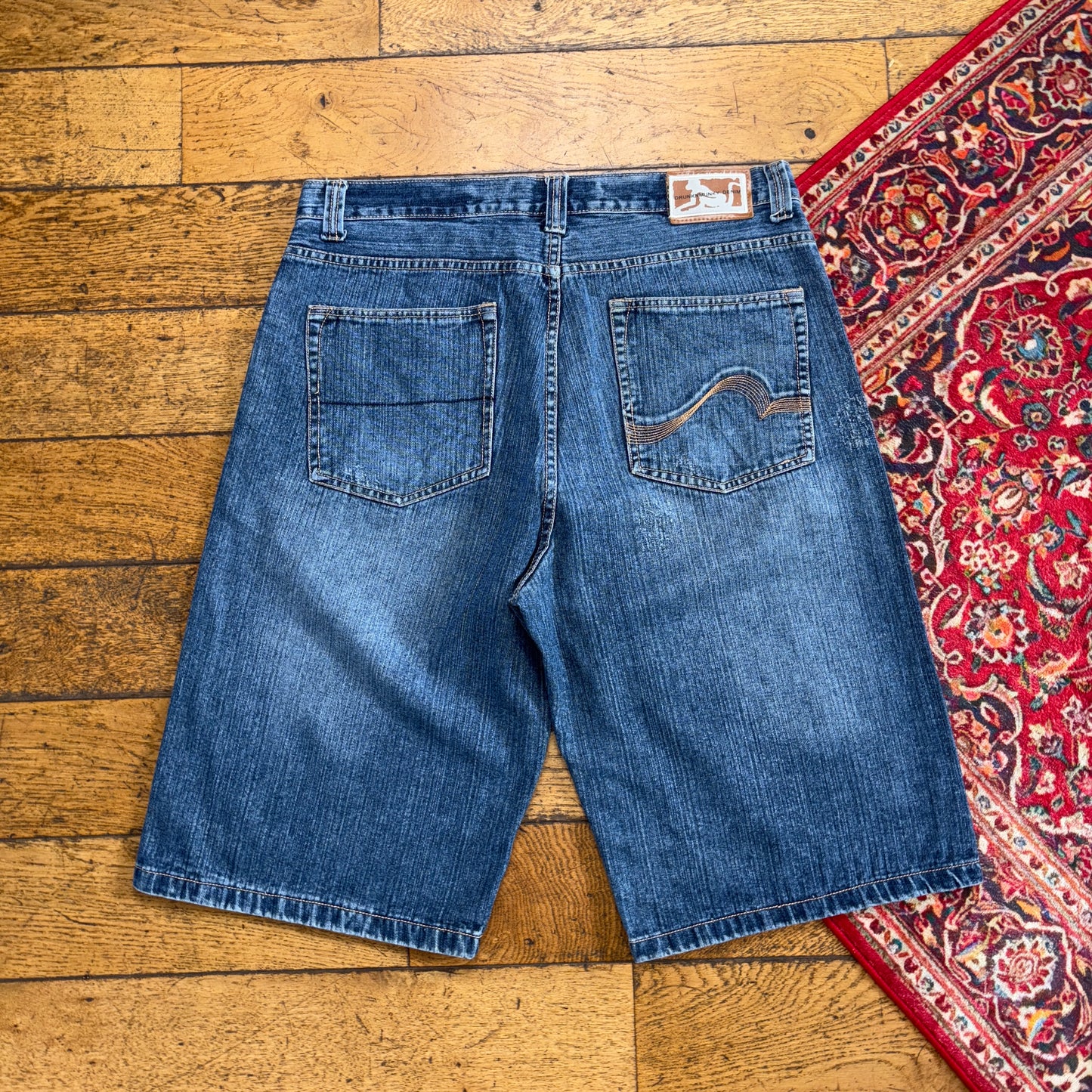 Vintage DrunknMunky Blue Embroidered Y2K Hip Hop Baggy Jeans Shorts Jorts - 38