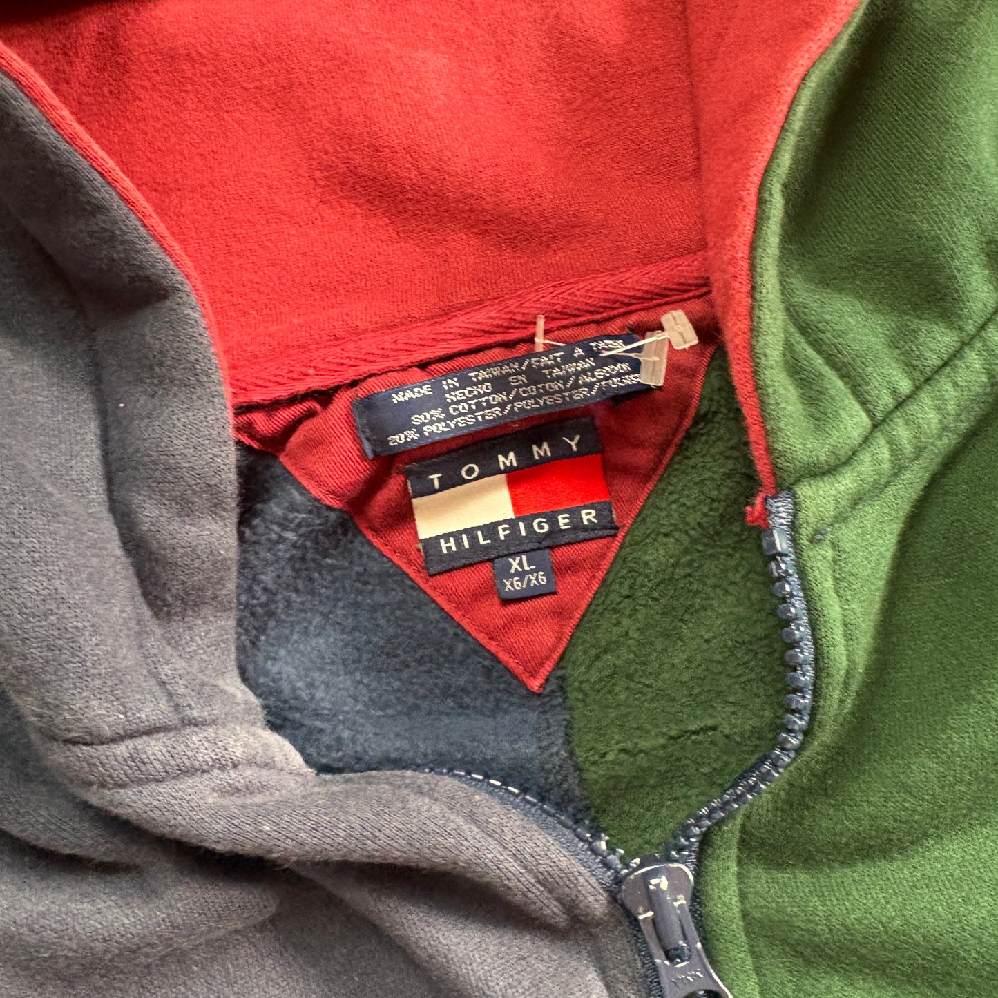 Vintage Tommy Hilfiger Navy Green Zip Hoodie Embroidered Sweatshirt - XL