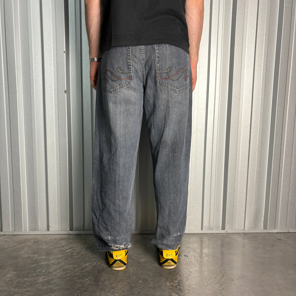 Embroidered Grey Blue Japanese Denim Hip Hop Y2K Baggy Jeans - 34S