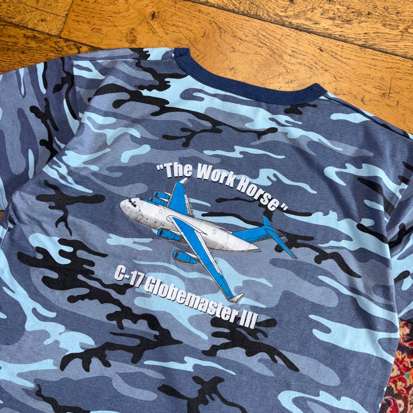 Vintage 90s Blue Camo Plane Single Stitch Graphic T-Shirt - XL