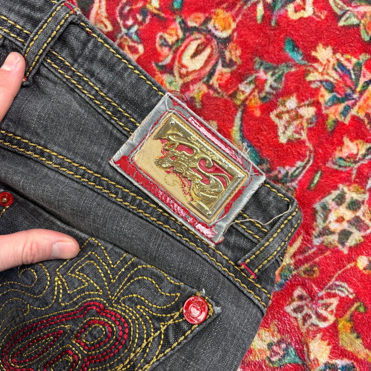 Vintage Apple Bottom Black Low Rise Embroidered Y2K Hip Hop Bootcut Jeans - 36