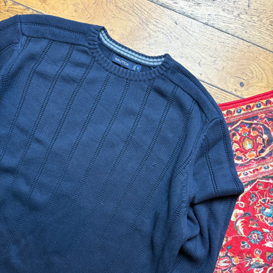 Vintage Nautica Navy Cable Ribbed Knit Jumper - XL