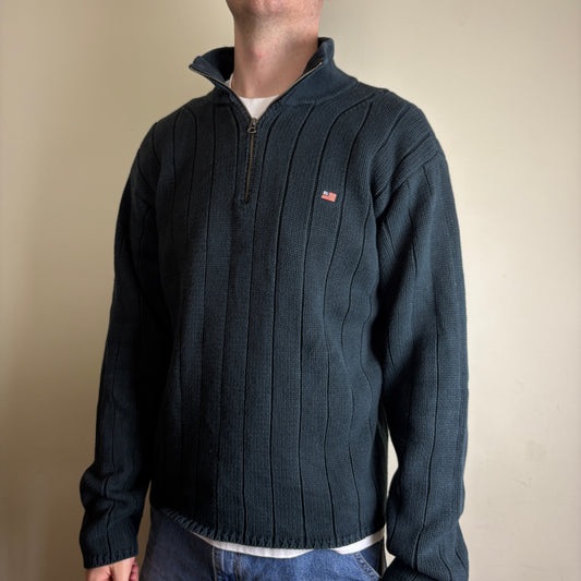 Vintage Ralph Lauren Black USA Flag Cable Quarter Zip Chunky Knit Jumper - L