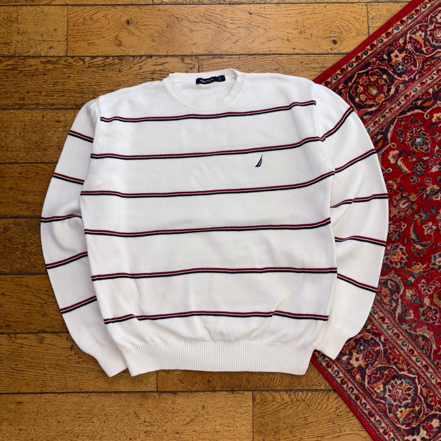 Vintage Nautica White Stripe Embroidered Knit Jumper - L