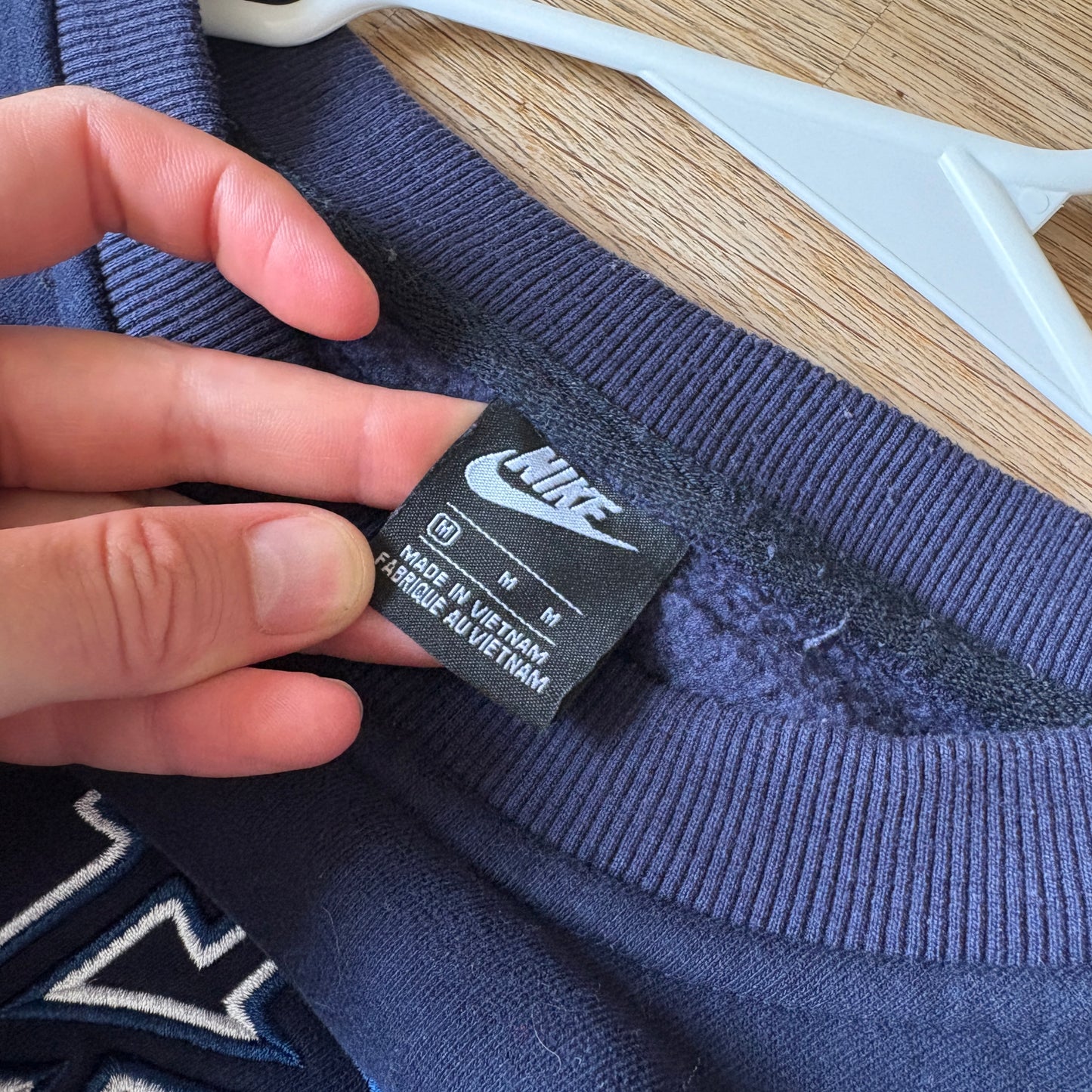 Vintage Nike Navy Spellout Swoosh Embroidered Sweatshirt - M