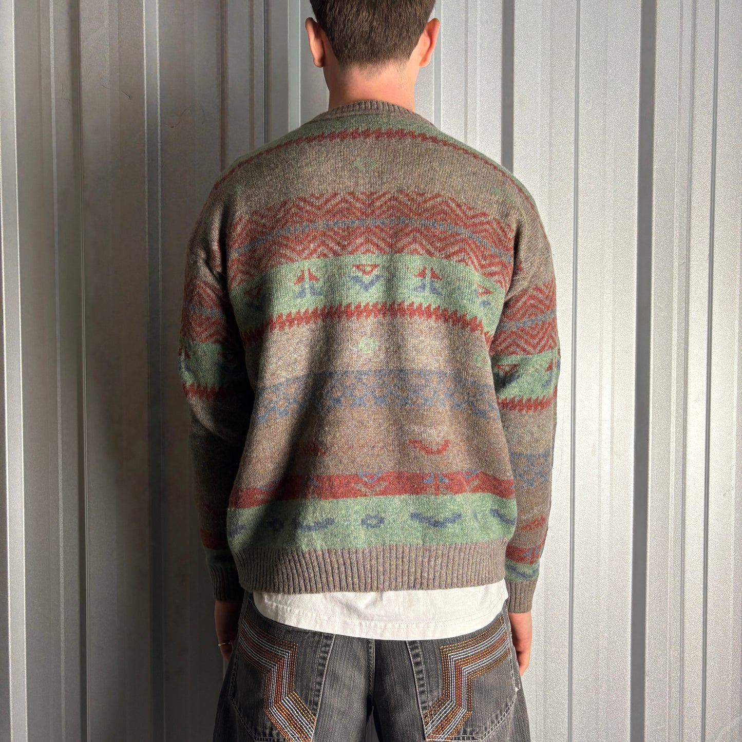 Vintage Chemise Lacoste 90s Green Grey Pattern Wool Chunky Knit Jumper - M