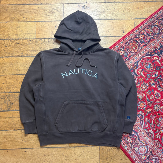 Vintage Nautica Brown Hoodie Embroidered Sweatshirt - XL