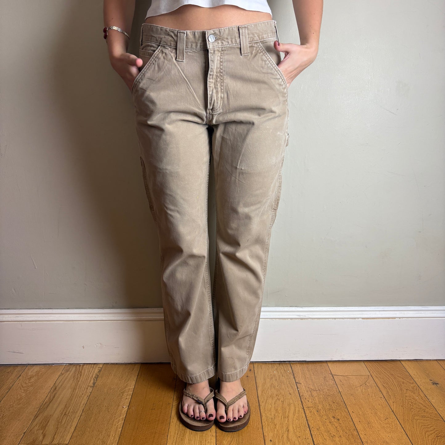 Vintage Carhartt Brown Cream Workwear Carpenter Baggy Trousers - 32S